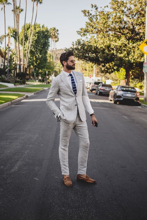 Live Action Getup: Ditching the Stuffy Suit Loafers With Suit Men's Fashion, Sand Linen Suit, Loafers Suit Men, Linen Suit With Tie, Suit With Loafers Men, Light Grey Linen Suit, Spring Suits Men, Gray Linen Suit, Men Linen Suits