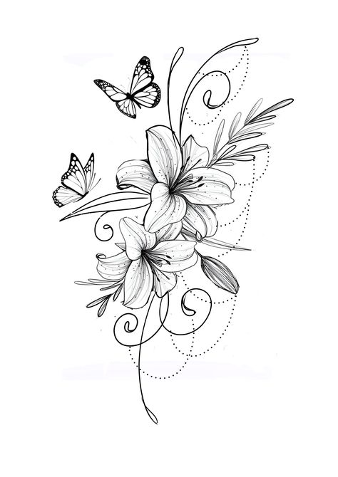 Lillie Tattoo Design, Pretty Lily Tattoo, Lily Of The Field Tattoo, Floral Leg Tattoo Stencil, Lily Flower Sleeve Tattoo, Flower Shoulder Tattoo Stencil, Hummingbird Tattoo With Lilies, Lily And Butterfly Tattoo For Women, Wing With Flowers Tattoo