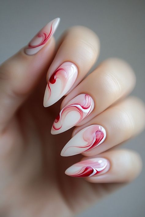 Inspirational Nail Art, Simple Valentine Nail Art, Simple But Cute Valentines Day Nails, Valentine Ballerina Nails, Red Line Nail Art, Valentine’s Day Nail Art Ideas, Raspberry Color Nails Design, Valentines Day Nails Red And Gold, Nail Art Red And Pink