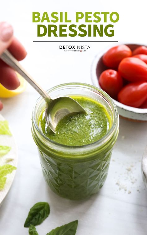 This Basil Pesto Vinaigrette is made with fresh basil, instead of prepared pesto, to create the perfect dressing you can drizzle over everything! Once you taste it, you'll want to drink it straight from the blender. Pesto Vinaigrette Dressing, Detoxinista Recipes, Pesto Salad Dressing, Recipes Using Pesto, Easy Vinaigrette, Dairy Free Dressing, Pesto Vinaigrette, Pesto Salad, Pesto Dressing