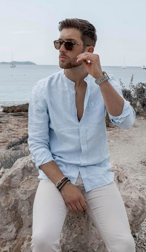 Light Blue Shirts Outfit, Men In Blue Shirt, Light Blue And White Outfit Men, Blue Shirt Men Outfit, Mens Linen Shirt Outfit, Blue Shirt Man, Light Blue Clothes, Linen Outfits For Men, Light Blue Shirt Outfit