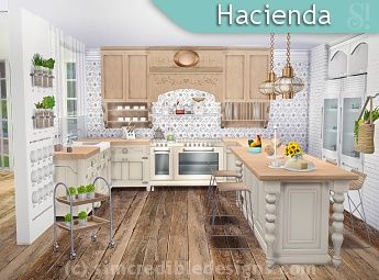 SIMcredible! Designs 4 | Kitchens 1 Sims 4 Kitchen Ideas, Sims4 Build, Hacienda Kitchen, Sims 4 Blog, Sims 4 Kitchen, Small Kitchen Cabinets, Cc Furniture, Loft Kitchen, Sims 4 House Building