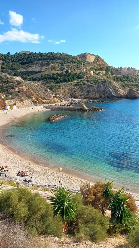 Tropical beach in Cartagena, Spain Spanish Beaches Aesthetic, Alicante Spain Beach, Spanish Vacation Aesthetic, Spain Vacation Aesthetic, Spain Beach Aesthetic, Sea View Aesthetic, Photography Aesthetic Wallpaper, Spain Vibes, Spanish Vacation