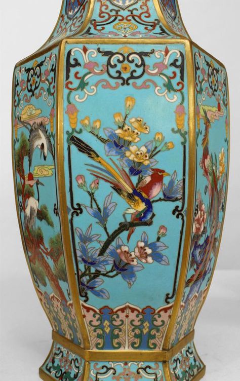 Pair of french victorian chinoiserie blue enamel and cloisonne vases Chinoiserie Ceramics, Decorated Vases, Chinoiserie Vases, French Chinoiserie, China Vase, Large Ceramic Vase, Chinoiserie Vase, Southern Decor, Chinoiserie Blue