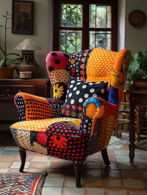 Whimsical Painted Furniture Ideas, Patchwork Armchair, Patchwork Furniture, Painted Furniture Ideas, Quirky Furniture, Whimsical Painted Furniture, Patterned Furniture, Funky Chairs, Whimsical Furniture