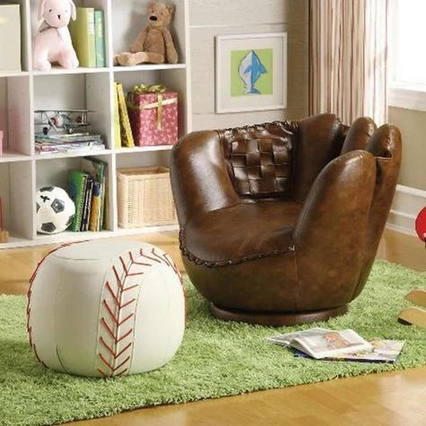 Baseball Chair, Boys Baseball Bedroom, Baseball Themed Bedroom, Man Bedroom, Baseball Bedroom, Baseball Room, Boy Rooms, Ottoman Furniture, Faux Leather Chair