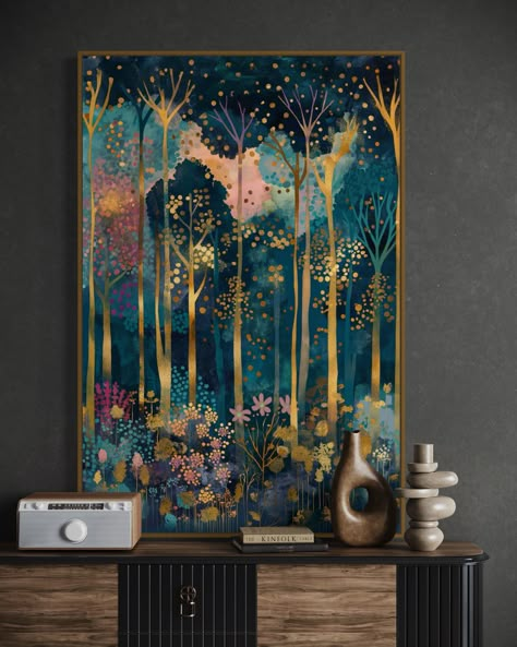 Step into the captivating world of "Enchanted Reverie." Inspired by Gustav Klimt, this magical forest artwork brings a luxurious touch to any space. Perfect above the bed or as a central piece in a coquette room, this print features vivid colors and surrealistic beauty that captures the essence of an enchanted autumn forest. The golden accents and dream-like scenery add a warm, inviting glow, making it a perfect match for home decor seeking a touch of elegance and fantasy. 👋 IMPORTANT NOTICE FO Living Room Cute Decor, Above The Bed Art, Magical Forest Painting, Enchanted Forest Room, Cool Wall Painting Ideas, Whimsical Decor Home, Fairytale Home Decor, Magical Forest Art, Enchanted Forest Art