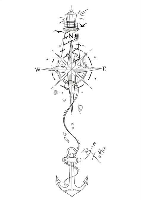 Nautical Spine Tattoo, Compass With Waves Tattoo, Lighthouse And Compass Tattoo, Compass Spine Tattoo, Anchor Compass Tattoo Women, Compass Anchor Tattoo Design, Nautical Tattoo For Women, Compass Tattoo Ideas For Women, Compass And Anchor Tattoo