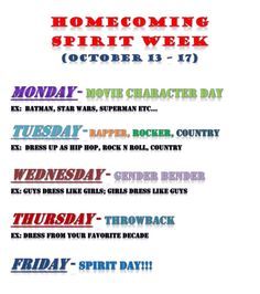 Theme Day Ideas, Pep Rally Themes, Ffa Week, Spirit Week Ideas, Spirit Week Themes, Spirit Day Ideas, Pep Squad, Rally Idea, School Spirit Week