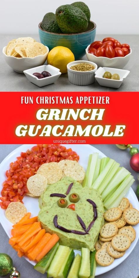 The Grinch Appetizers, Grinch Guacamole Dip, Grinch Healthy Snacks, Grinch Party Food Easy Recipes, Grinch Guacamole And Chips, Grinch Guacamole, Grape Grinch Snacks, Grinch Dip, Christmas Appies