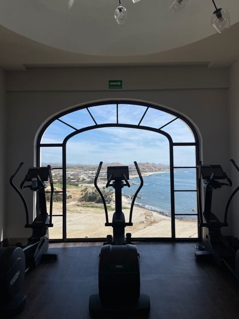 workout room, treadmill, new years goals, gym with ocean view Beach Gym Aesthetic, Gym With A View, Tropical Windows, New Years Goals, Vacation Workout, Vacation Food, House Gym, Beach Gym, Workout Room