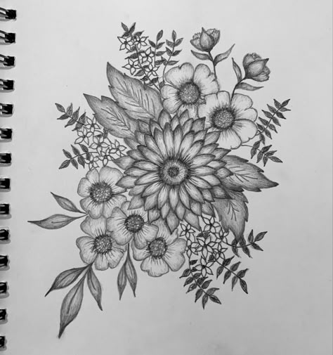 Pencil Floral Drawing, Pen Sketch Flower, Drawing Roses Pencil Sketch, Flower Bouquet Sketches Pencil, Pencil Flower Sketch, Flowers Aesthetic Sketch, Floral Pencil Sketch, Flower Bunch Drawings, Pencil Sketches Flowers