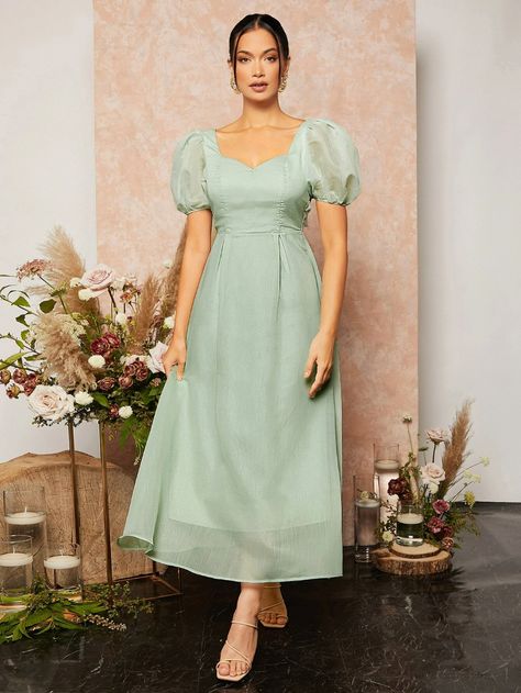 Sage Green Bridesmaid Dresses Puff Sleeve, Puff Sleeve Bridesmaid Dress, Puff Sleeve Dress Formal, Mint Green Dress Outfit, Brides Maid Gown, Green Dress Outfit, Puffy Sleeve Dress, Mesh Bridesmaids Dress, Sage Green Bridesmaid Dress