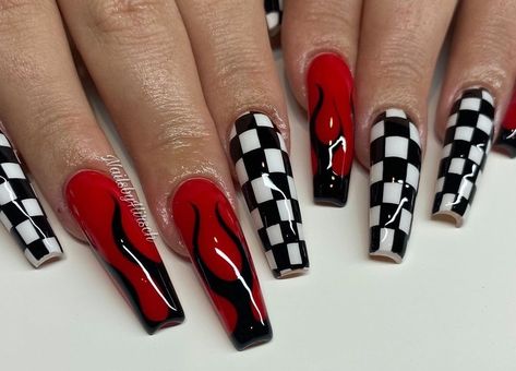 Red And Black Rockstar Nails, Red And Black Checkered Nails, Car Show Nails, Black White Red Nails, Black White And Red Nails, Rock Concert Nails, Red Black And White Nails, Rocker Nails, Red Black Nails