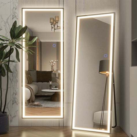 Vanity Ideas Bedroom Full Length Mirror, Bathroom Full Length Mirror Ideas, Big Led Mirror, Touch Light Mirror, Bathroom Mirror With Lighting, Bedroom Ideas For Large Rooms, Bedroom Mirror With Lights, Bed With Mirror, Light Bedroom Ideas