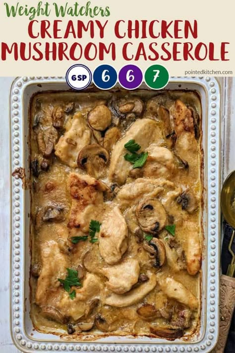 This deliciously creamy chicken casserole is 6 SmartPoints on Weight Watchers Freestyle, Blue & Purple plans. It is 7 SmartPoints on myWW Green plan. A favourite WW dinner recipe. #mywwblue #mywwgreen #mywwpurple #weightwatchersrecipes #wwrecipes #weightwatchersrecipeswithpoints Weightwatchers Chicken Recipes, Weight Watcher Friendly Recipes, Ww Copycat Recipes, Ww Chicken Casserole Recipes, Ww Chicken And Rice, Weight Watchers Taco Casserole, Ww Sheet Pan Dinners, Chicken Casseroles Healthy, Ww Dinner Recipes For Family