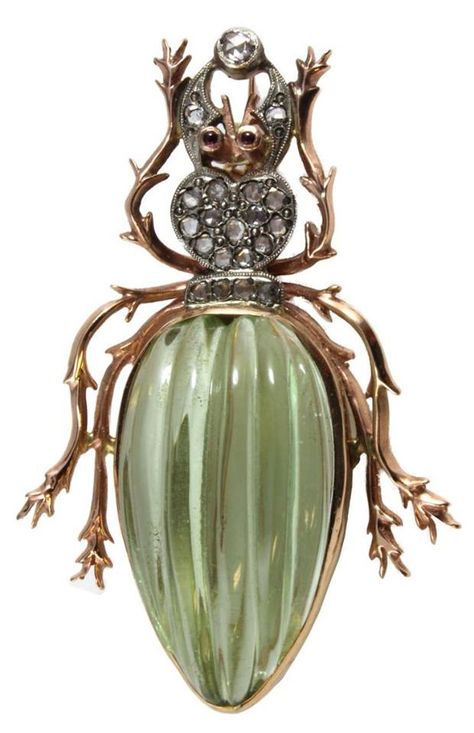 Fabergé. Rose gold Beetle Brooch. It has 19 white diamonds, two rubies set as eyes and large green citrine set as abdomen. Early 20th century. 1900s Russia, He Has, Gold Beetle, Green Citrine, Beetle Brooch, Bug Jewelry, Faberge Jewelry, Insect Brooch, Bijoux Art Nouveau