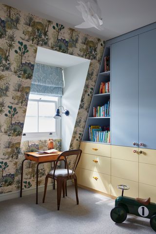 Angled Doorway, Attic Playroom Ideas Sloped Ceiling, Tiny Attic Bedroom, Anglepoise Wall Light, Attic Studio Apartment, Kids Attic Bedrooms, Attic Study, Attic Design Ideas, Small Attic Room