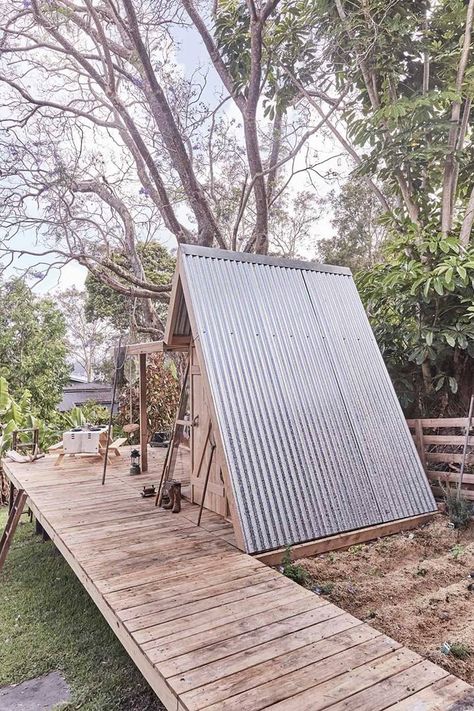 A Frame Cubby House, Wooden Tent House, Diy A Frame Playhouse, Easy A Frame Playhouse, Shed Made From Pallets Cabin, A Frame Playhouse, Boho Tent, Cubby House, Cubby Houses