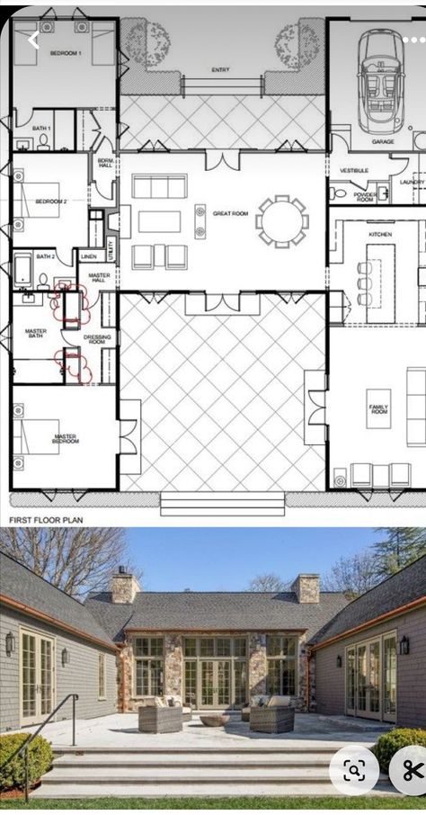 Big One Floor House Plans, Homes With A Courtyard, H Style House Plans, Floor Plans U Shaped, U Shaped Homes, H Shaped House Plans Layout, Big House Layout, H Shaped House Plans, Suite Rooms