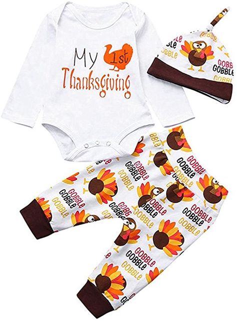 Amazon.com: GRNSHTS Baby Girls Boys 3Pcs "My 1st Thanksgiving " Thanksgiving Pants Set with Hat (White, 80 / 3-6 Months): Clothing Boy Thanksgiving Outfit, Newborn Baby Boy Clothes, 1st Thanksgiving, My First Thanksgiving, Thanksgiving Baby Outfits, Turkey Print, Thanksgiving Clothes, Toddler Baby Boy, Pattern Pants