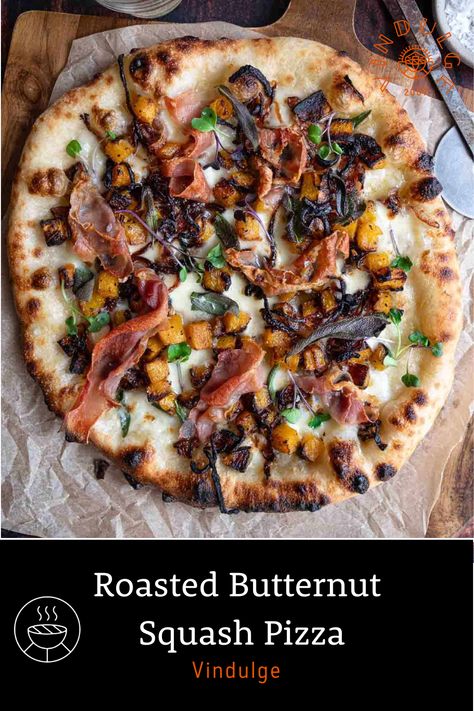 Butternut squash pizza with toppings on a cutting board. Butternut Squash Pizza Recipe, Fall Pizza Recipes, Pizza With Prosciutto, Fall Pizza, Butternut Squash Sage, Butternut Squash Pizza, Squash Pizza, Flatbread Pizza Recipes, Onion Pizza