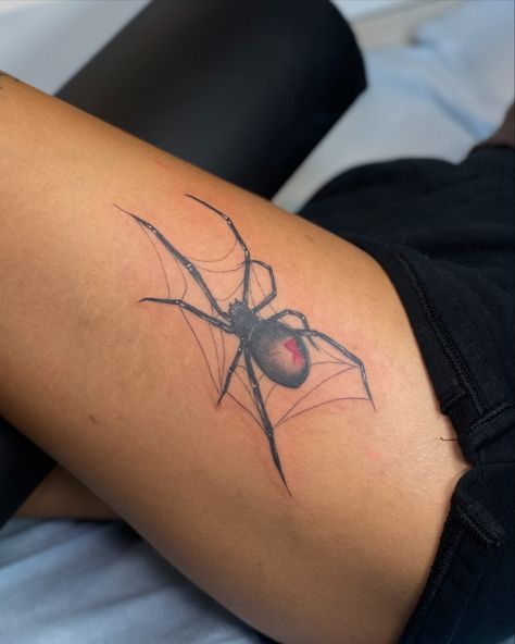 creepy crawly for C 🕷️🕸️ they have a scorpion tattoo on the other leg that they wanted to balance out! We created this spider using the shape of their previous tattoo :) #spiders #spidertattoo #blackwidow #newtattoo #reel #ootd Red Spider Tattoo, Spider Tattoo For Women, Spider Tattoos, Cute Hand Tattoos, Scorpion Tattoo, Spider Tattoo, Pretty Tattoos For Women, Pretty Tattoos, Leg Tattoos