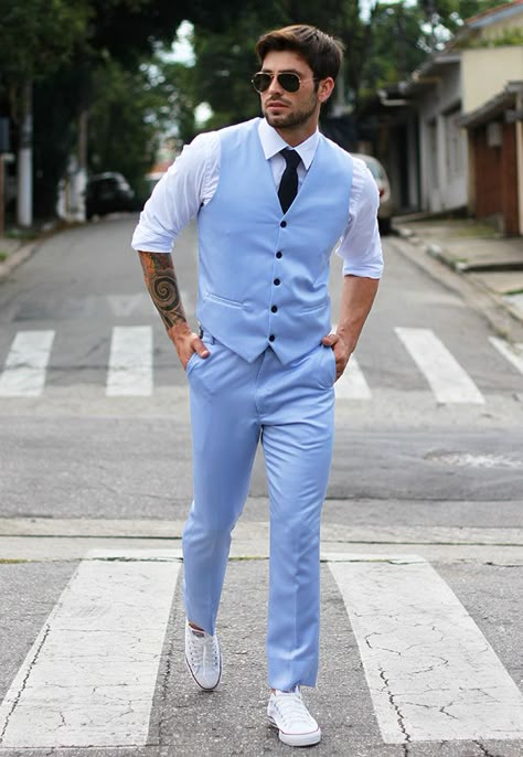 Light Blue Hoco Outfit Men, Light Blue Suit Men Prom, Baby Blue Outfit Ideas, White Vest Suit, Three Piece Suit Wedding, Blue Suit Vest, Mens Evening Wear, Blue Groomsmen Suits