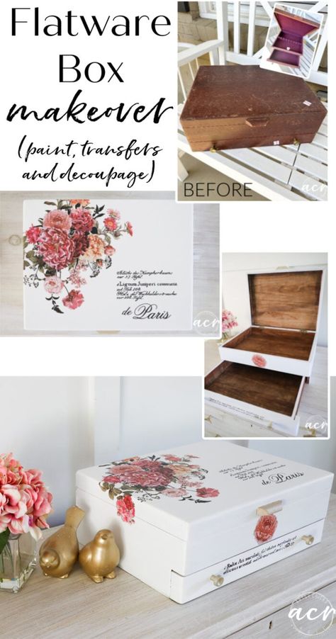 This thrifted flatware box makeover with transfers and decoupage created a brand new look for this sweet little box! artsychicksrule.com Tablet Case Pattern, Wooden Box Crafts, Chests Diy, Jewelry Bow, Flatware Box, Recipe Card Box, Box Makeover, Jewelry Box Makeover, Decoupage Decor