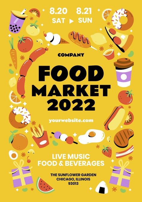 Hand-drawn Colorful Food Market Festival Poster Festival Drawing Ideas, Food Festival Design, Food Festivals Event, Food Festival Poster, Festival Drawing, Food Posters, Event Poster Template, Food Fest, Colorful Food