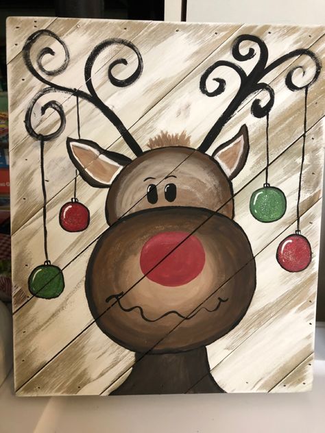 Winter Pallet Ideas, Wood Pallet Painting Ideas, Easy Christmas Paintings On Wood, Holiday Painting Ideas On Canvas, Fun Christmas Paintings, Reindeer Christmas Painting, Winter Paint And Sip Ideas, Easy Reindeer Painting, Reindeer Paintings