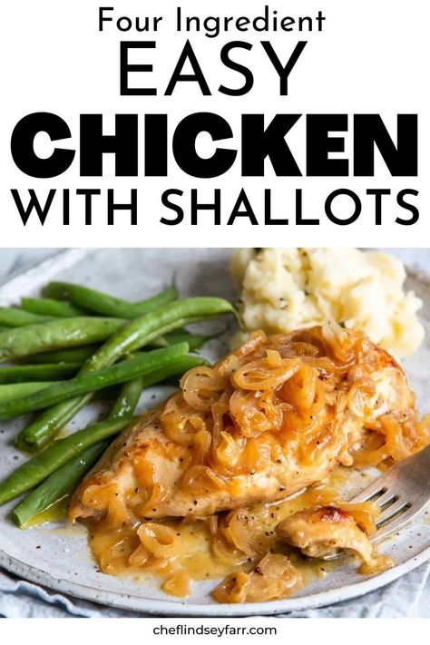 This delicious chicken with shallots recipe has savory roast chicken breast and sweet caramelized shallots in white wine sauce for an easy, upscale dinner that’s simple enough for a weeknight but impressive enough for company. Recipes With Shallots Meals, Cooking With Shallots, Recipe With Shallots, Chicken And Shallots Recipe, Recipes Using Shallots, Shallots Recipe Dinners, Chicken Shallots Recipe, Roast Chicken Breast Recipes, Recipes With Shallots