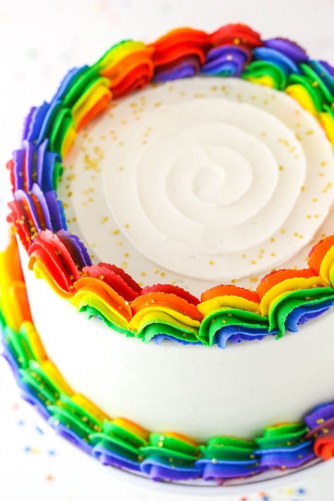 This easy to make rainbow swirl cake will wow every guest at your next event - whether it's for a birthday, special celebration, or even St. Patrick's Day! Pride Birthday Cakes, Pride Cake Decorating, Rainbow Swirl Cake, Swirl Frosting, Rainbow Icing, Rainbow Kingdom, Kids Birthday Party Cake, Cake Rainbow, Rainbow Desserts