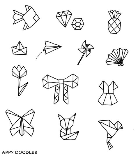 ORIGAMI DOODLES. Creative and fun doodle ideas. Origami fish, diamond, Pineapple, boat, plane, pinwheel, fan, tulip, bow, dress, butterfly, fox, bird. Video by Appy Doodles on YouTube.  #appydoodles #howtodoodle #origamidoodles #origamidrawings #origamitutorials #diyandcrafts #easydoodlesforbeginners #origami #geometricdoodles #videotutorial #cutedoodleideas #doodleart #doodlesdrawings #kawaiidoodles #bulletjournalideas #mondaymotivation #youtubevideos #linedrawing #lineart #howtodraw Origami Flower Tattoo, Origami Doodles, Pinwheel Tattoo, Polygon Drawing, Doodles Step By Step, Origami Drawing, Origami Fish Easy, Fox Doodle, Doodles Creative