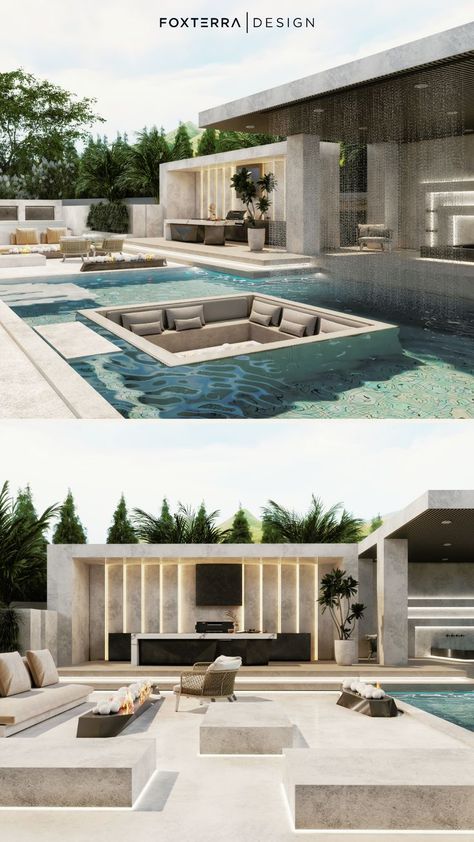 This minimalist modern luxury home backyard features an organic modern design, floating sunken seating area and soothing rain curtain. Tour this modern luxury home backyard here! Ready to upgrade your outdoor space? Book a design consultation today, we design WORLDWIDE! Follow for more modern pool backyards, modern fire pits & luxury landscape inspiration. Modern Luxury Backyard, Modern Fire Pits, Sunken Seating Area, Luxury Pool House, Sunken Seating, Luxurious Backyard, Rain Curtain, Luxury Pools Backyard, Villa Landscape