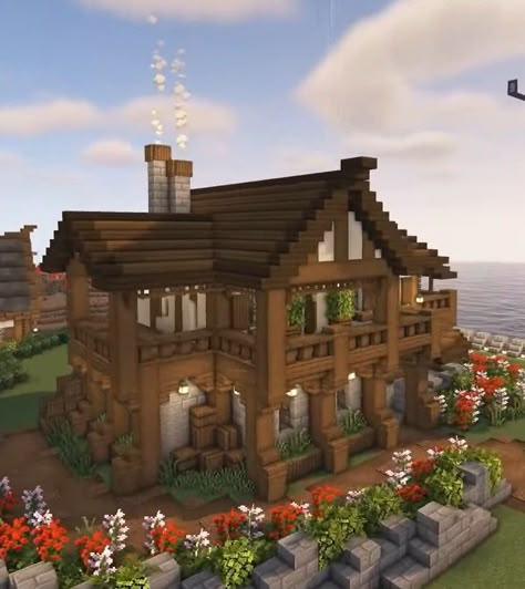 Minecraft Lodge House, Medium Sized Minecraft Houses, Medium Minecraft Houses, Minecraft House No Mods, Casa Minecraft Medieval, Minecraft Plaza, Minecraft Community Center, Medieval Town Minecraft, Cute Minecraft Homes