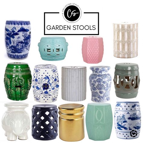 Green Garden Stool, Blue And White Garden Stool, Ceramic Stool Decor Side Tables, Garden Stools Outdoor Ideas, Chinoiserie Garden Stool, Garden Stools Outdoor, Side Table Nursery, Garden Stool Living Room, Hamptons Style Garden