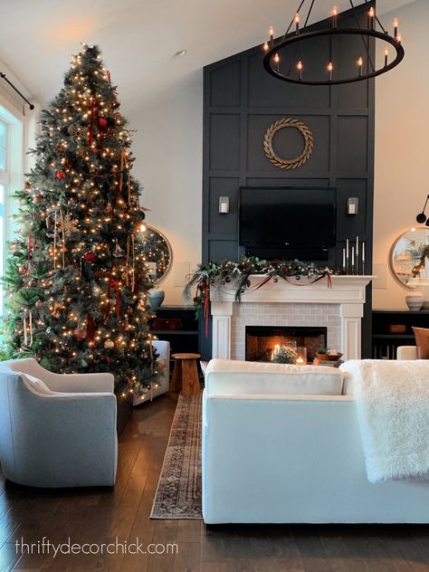 Christmas Living Room With Fireplace, Living Room Christmas Tree Placement, Great Room Christmas Tree, Where To Place Christmas Tree In House, Living Room With Two Christmas Trees, Christmas Tree By Fireplace Living Rooms, Tall Ceiling Living Room Christmas Tree, Family Room Christmas Decor, Christmas Tree Living Room