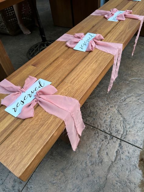 Hand frayed chiffon strips tied onto cardstock with vinyl lettering Reserved Seating Wedding Ceremony, Wedding Benches Seating, Bench Seating Wedding, Wedding Bench Seating, Reserved Seating Wedding, Wedding Bench, Reserved Wedding Signs, Seating Wedding, Reserved Seating