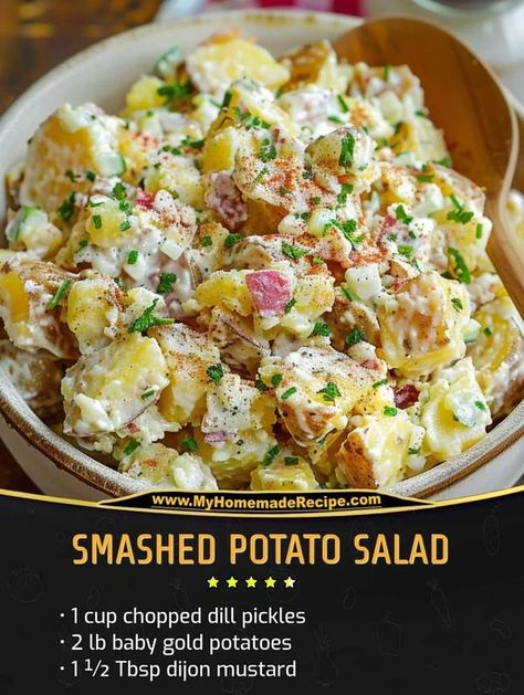 Mediterranean Recipes Potatoes, Mediterranean Diet Potatoes, Tex Mex Potato Salad, Mediterranean Diet Potato Salad, Smashed Potato Salad Recipe, Baby Gold Potatoes, Natasha’s Kitchen Smashed Potato Salad, Smashed Potato Salad, Easy Casserole Dishes