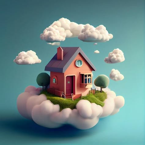 House Cartoon Illustrations, House Illustration Simple, House Design Illustration, Blender 3d Inspiration, Blender House, 3d Surrealism, Blender 3d Art, Dreams Illustration, Stylized Clouds