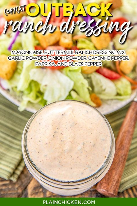 Copycat Outback Ranch Dressing – seriously the BEST ranch dressing I’ve ever eaten! Tastes just like the restaurant. Super easy to make! Whisk together mayonnaise, buttermilk, ranch dressing mix, garlic powder, onion powder, cayenne pepper, paprika, and black pepper. Great on cheese fries, salad, and any recipe that calls for ranch dressing. This is our go-to ranch! I always have some in the fridge! Low-carb, keto-friendly and gluten-free. Outback Salad, Outback Ranch Dressing Recipe, Outback Ranch Dressing, Chicken Dressing Recipe, Outback Ranch, Best Ranch Dressing, Copycat Outback, Gluten Free Dressing, Dressing Recipes Thanksgiving