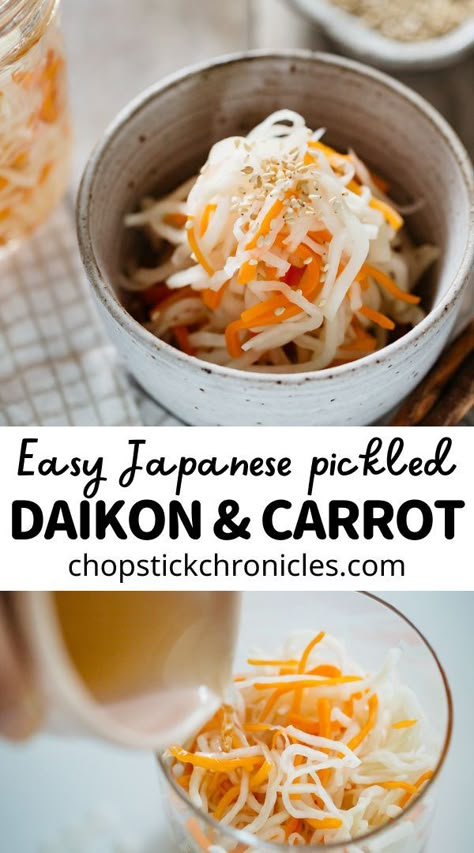 Pickled Diakon Radish And Carrot, Diakon Recipes, Pickled Daikon And Carrots, Dumpling Dinner, Pickled Daikon Recipe, Pickled Daikon Radish, Daikon Recipe, Pickled Daikon, Japanese Appetizers