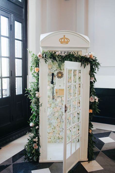 An audio guest book inside of a white British phone booth at a wedding reception. Howerton+Wooten Events Creative Guest Book, Wedding Phone, Wedding Reception Guest, Guest Book Ideas, Audio Guest Book, Booth Wedding, Wedding Guest Book Unique, Guest Book Table, Baltimore Wedding