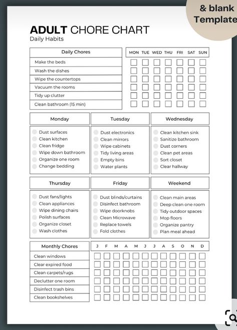 Adult Chore Chart Ideas, House Chores List For Adults, Chore Charts For Adults, Daily Chore List, Adult Chore Chart, Bullet Journal Templates, Household Cleaning Schedule, Household Binder, Clean Fridge