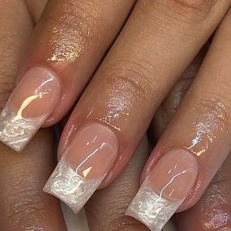 gelx nails| IE on Instagram: "pearl tips🐚✨  inspo: @nailsbyelisee   - - - - - - - - - - #gelx #gelxnails #pearlnails #chromenails" Pearl Nails Tips, Off White Pearl Nails, Pearl Finish Nails, Clear Pearl Nails, White And Pearl Nails, Pearl French Tip Nails Square, Pearly French Tip, White Nail Designs Square, Pearl Square Nails