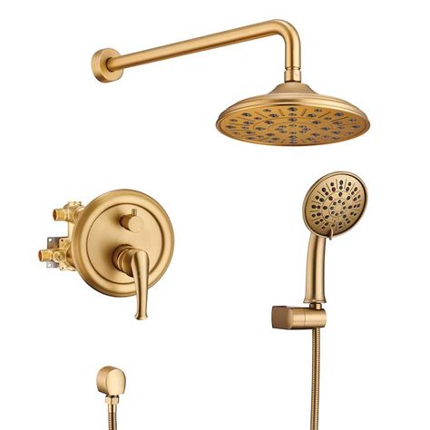 CASAINC Brush Gold 10-in Built-In Shower Faucet System with 2-way Diverter (Valve Included) in the Shower Systems department at Lowes.com Gold Shower Door, Gold Shower Fixtures, Brass Shower Head, Black And Gold Bathroom, Gold Shower, Dual Shower Heads, Shower Fixtures, Brass Shower, Shower Faucet Sets