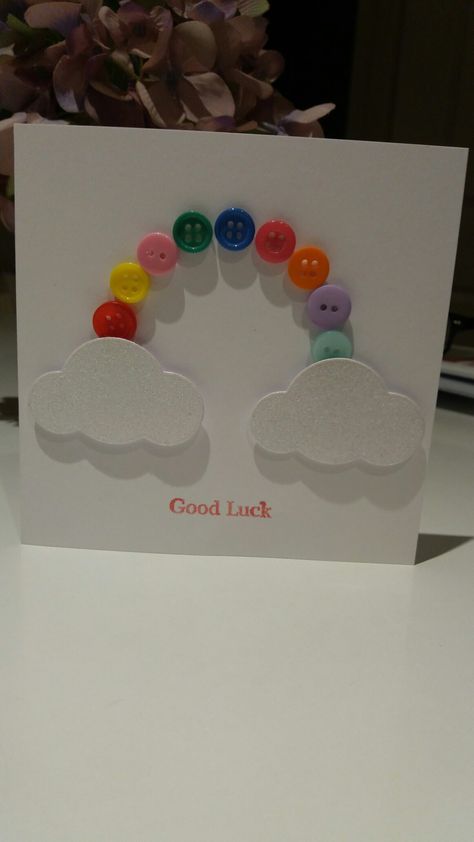 Button rainbow good luck card Card Ideas For Kids In Hospital, Good Luck Cards Handmade, Handmade Good Luck Cards, Homemade Good Luck Cards, Rainbow Birthday Card Diy, Button Cards Ideas Simple, How To Make Teacher Days Greeting Card By Kids, Button Rainbow Art, Handmade Greeting Cards Using Buttons