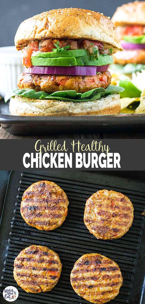 Grilled Chicken Burger - ground chicken patties are grilled to perfection and sandwiched between multigrain rolls with fresh avocado and salsa. Easy and healthy burger recipe for the outdoor barbecue parties. | #watchwhatueat #chickenburger #healthyburger #grilledburger #grilledrecipes via @watchwhatueat Multigrain Rolls, Ground Chicken Patties, Chicken Burgers Healthy, Eat Burger, Salsa Easy, Grilled Chicken Burgers, Healthy Burger Recipes, Ground Chicken Burgers, Burger Chicken