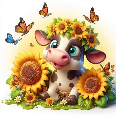 Cow And Sunflower, Disney Character Sketches, Easter Applique, Bee Pictures, Art Hippie, Cow Pictures, Cartoon Cow, Sunflower Wallpaper, Cute Cartoon Animals